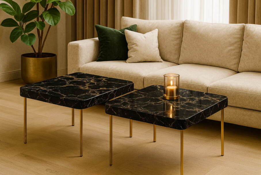 Stoliki kawowe z konglomeratu Caesarstone Vanilla Noir