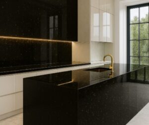 Granit Star Galaxy, blat kuchenny z granitu Star Galaxy, granit polerowany, blat z podstawowego kamienia, czarny granit kuchenny, nowoczesna kuchnia, wyspa kuchenna z granitu, blat kuchenny, Merkam blat kuchenny.