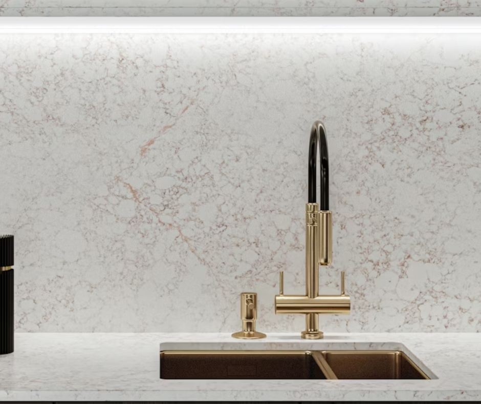 Jaki Blat do Kaszmirowej Kuchni w Łodzi. Blat kuchenny z konglomeratu Rivière Rose Silestone kolekcja Le Chic