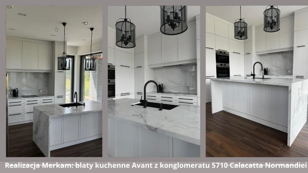 Luksusowe blaty kuchenne Avant z konglomeratu 5710 Calacatta Normandie. Realizacja Merkam (Łódź, Mazury) – Ponadczasowy Blat Avant 5710 Calacatta Normandie