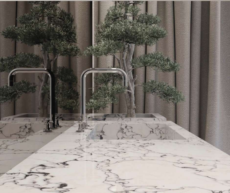 Blat kuchenny z konglomeratu Siquartz Arabescato, zintegrowane, frezowane zlewozmywaki