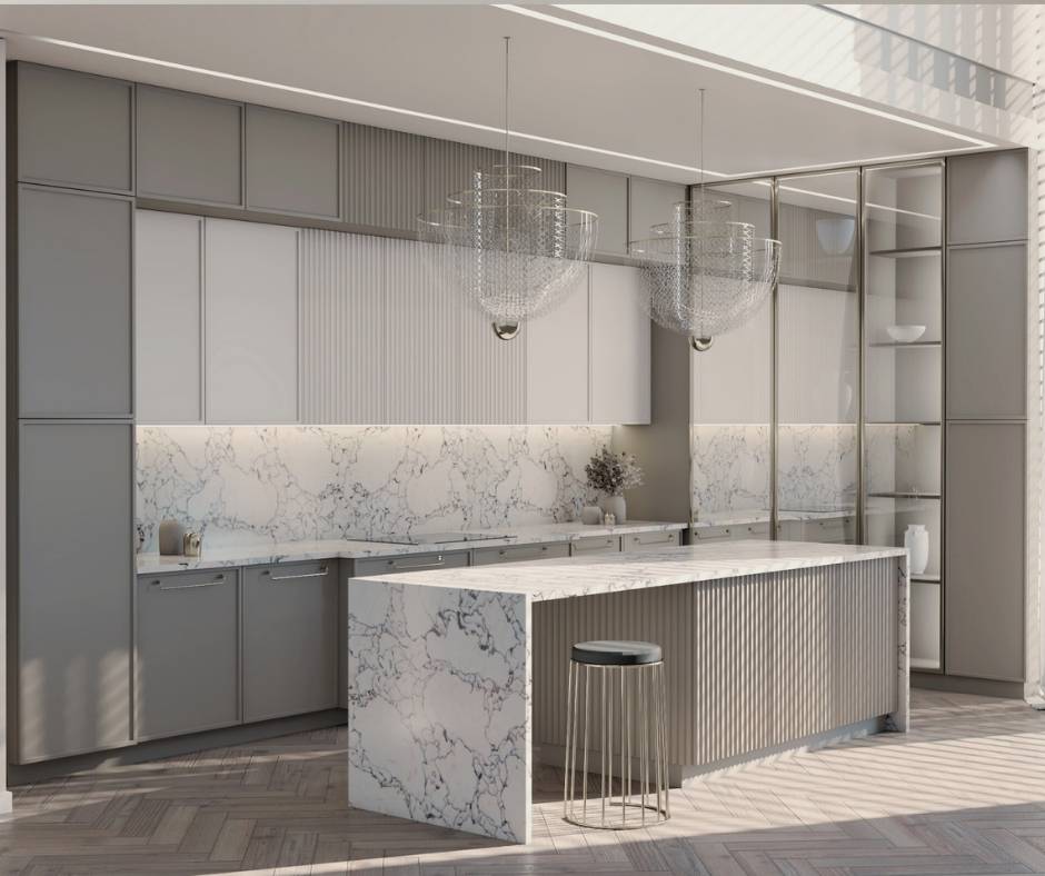 Blat kuchenny z konglomeratu Siquartz Arabescato. Luksusowy blat kuchenny