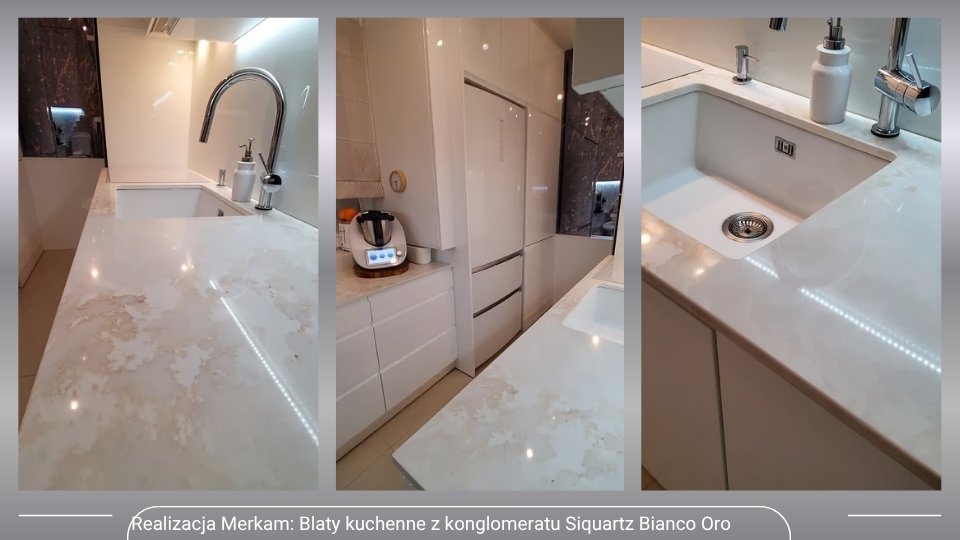 Blat kuchenny z konglomeratu Siquartz Bianco Oro „biały marmur”, „złote żyłkowanie”, „blat glamour”, „kwarcowy blat kuchenny”