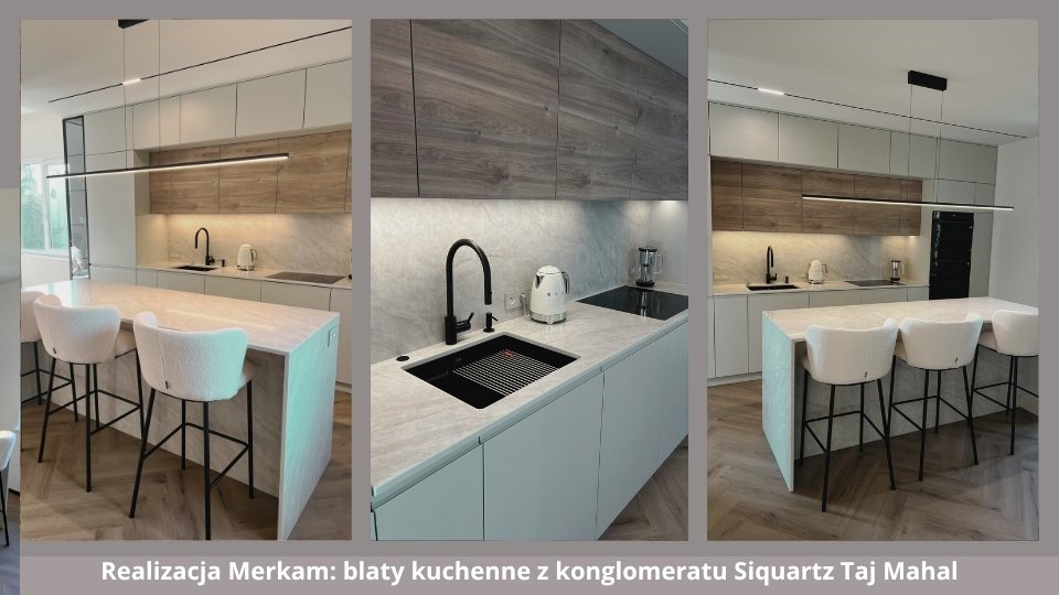 Realizacja Merkam blaty kuchenne z konglomeratu Siquartz Taj Mahal