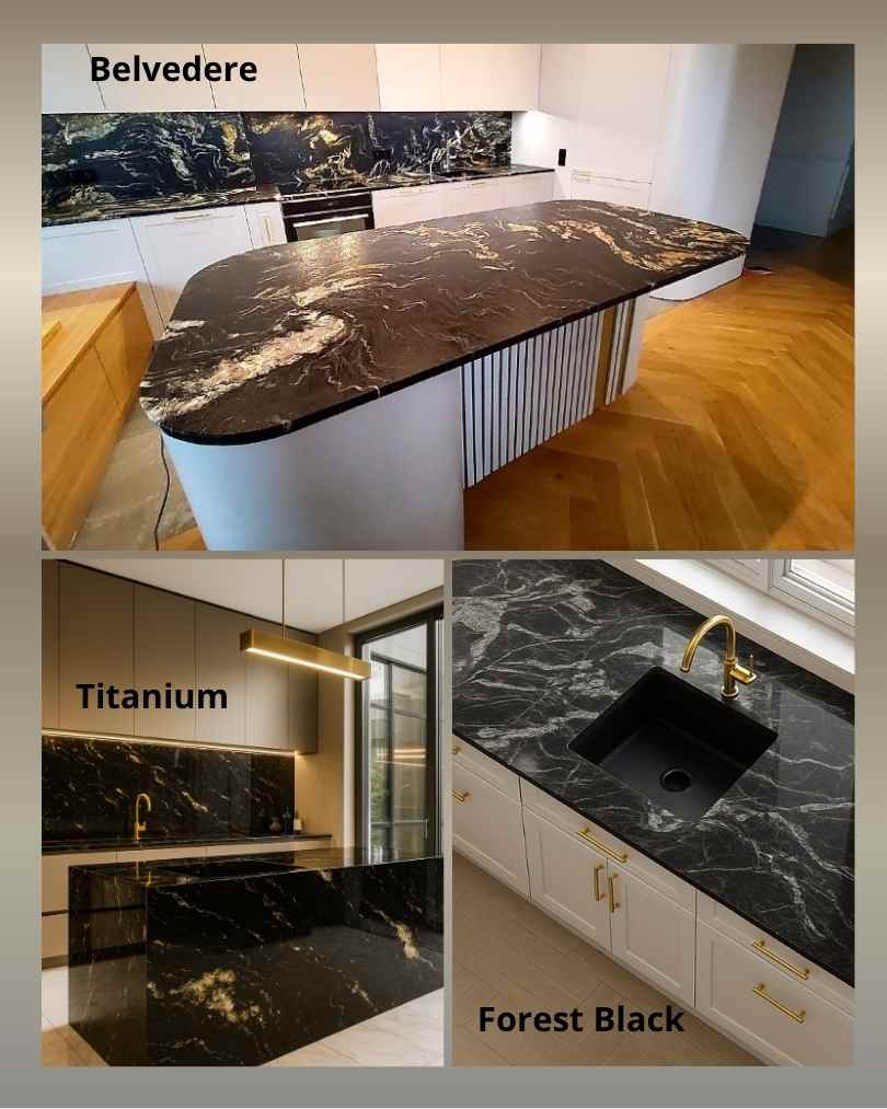 Czarne blaty kuchenne z granitu Belvedere, Titanium, Forest Black,