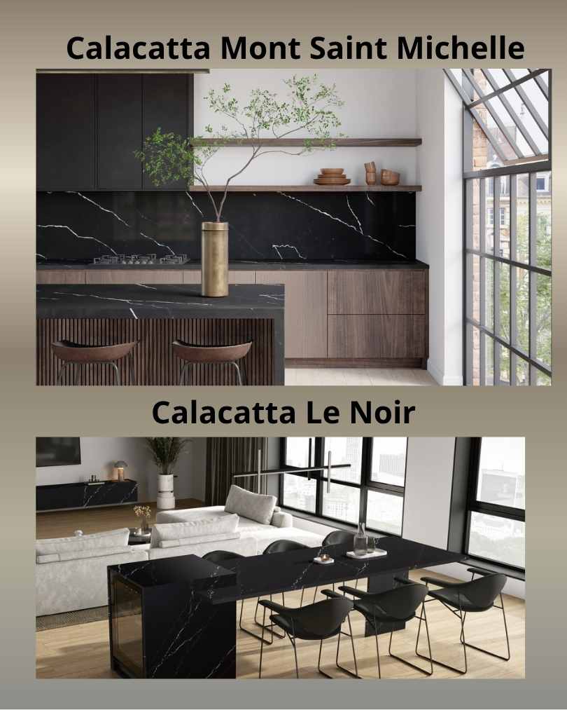 Czarne blaty kuchenne z konglomeratu Calacatta Mont Saint Michelle, Calacatta Le Noir