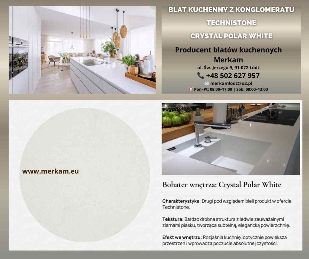 Blat kuchenny z konglomeratu Crystal Polar White. Zlew podwieszany w białym blacie kwarcowym Technistone