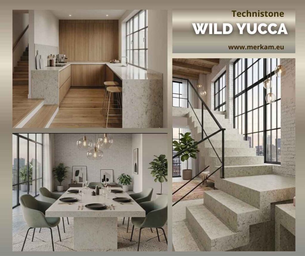 Realizacja Merkam Blaty kuchenne schody, stół jadalny z konglomeratu Technistone Wild Yucca Kolekcja La Natura