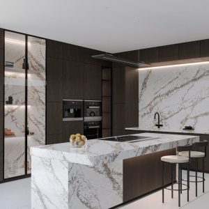blat kuchenny z wyspą z konglomeratu Bronze Coast Technistone / Merkam